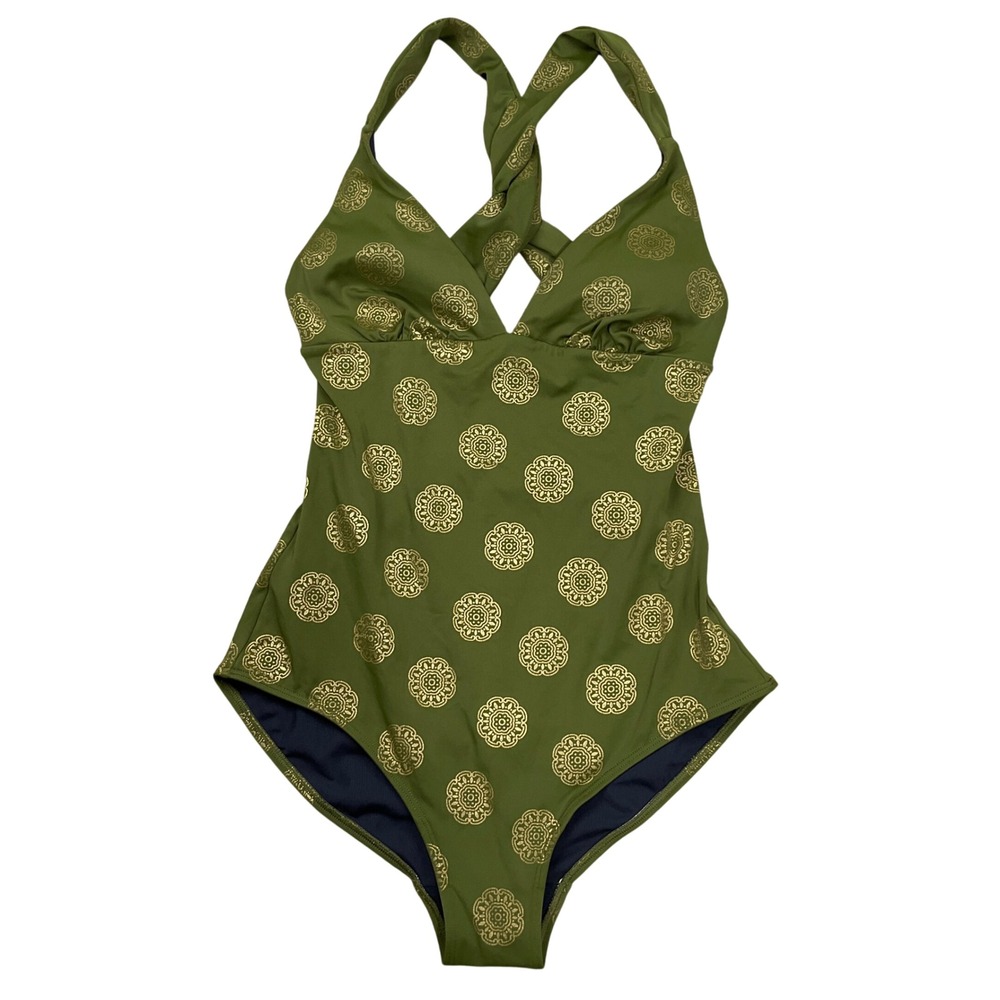 Boden Olive Green One-Piece Swimsuit with Gold Medallion Print